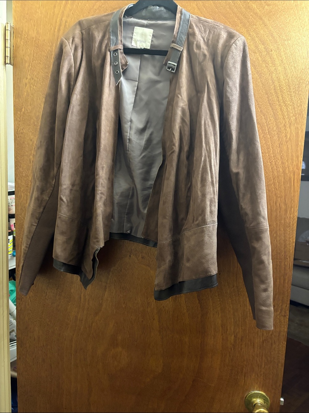 Sejour Brown Leather Open-Front Jacket with Trim Detail